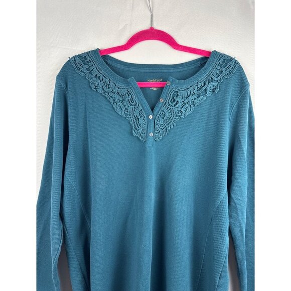 NorthCrest Womens Plus Size 1X Teal Long Sleeve Top With Lace Detail - Picture 1 of 4
